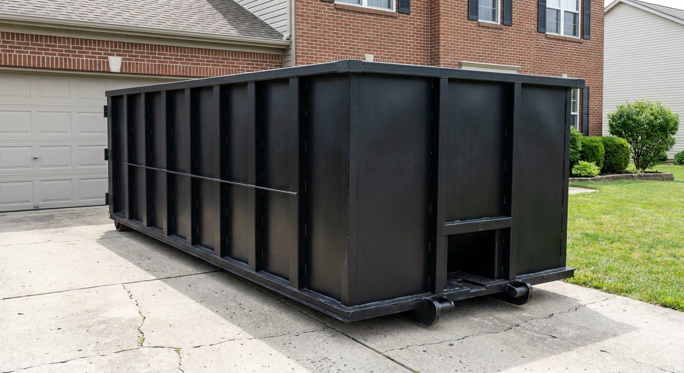 Matte-black 20-yard roll-off container on a Albany residential concrete driveway with reinforced ribbed steel sidewalls and a hinged rear walk-in door, clean bright daylight.