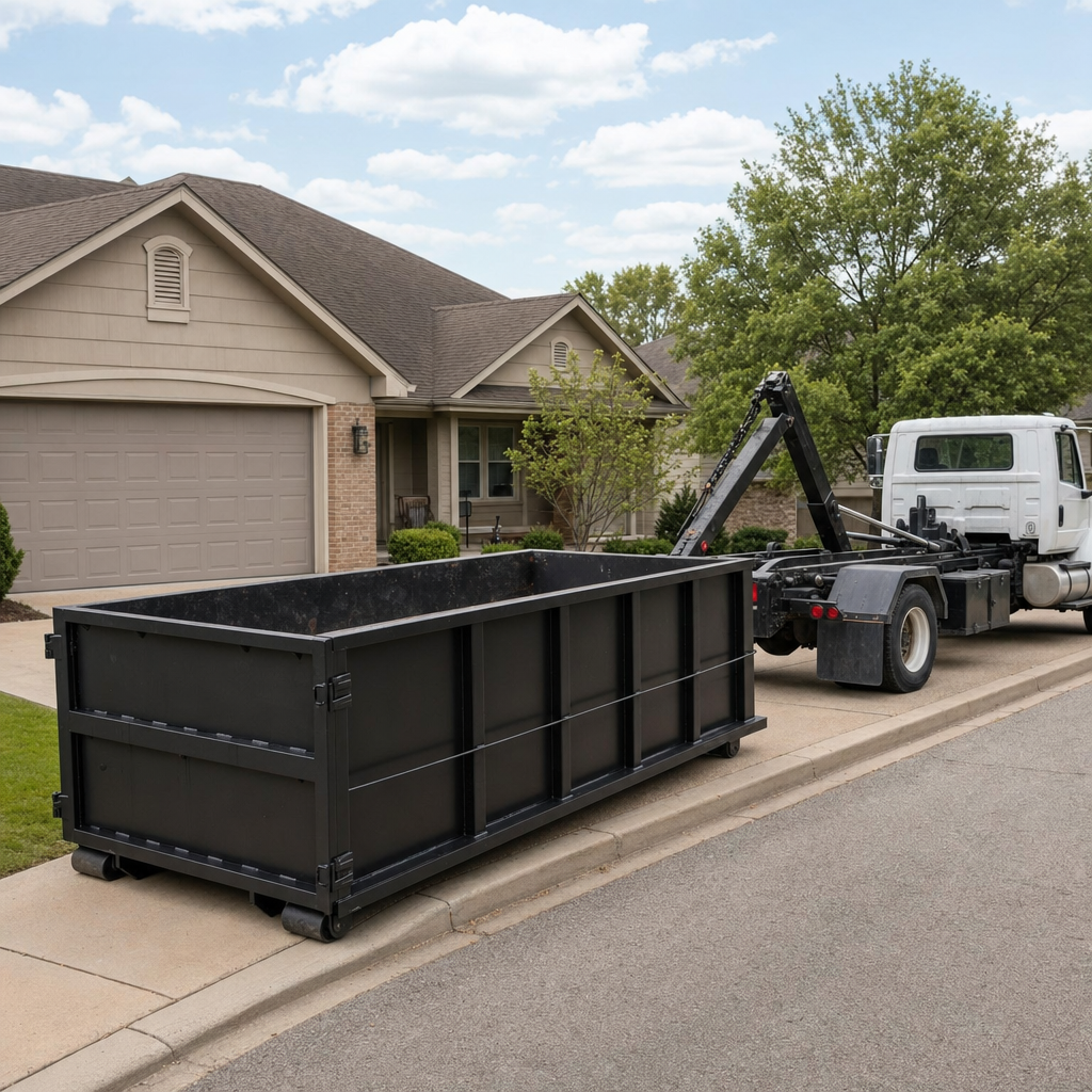 Wide documentary shot of a matte-black roll-off dumpster on a Albany residential driveway in the foreground and a contractor jobsite container in the soft-focus background, bright daylight, calm and orderly composition.